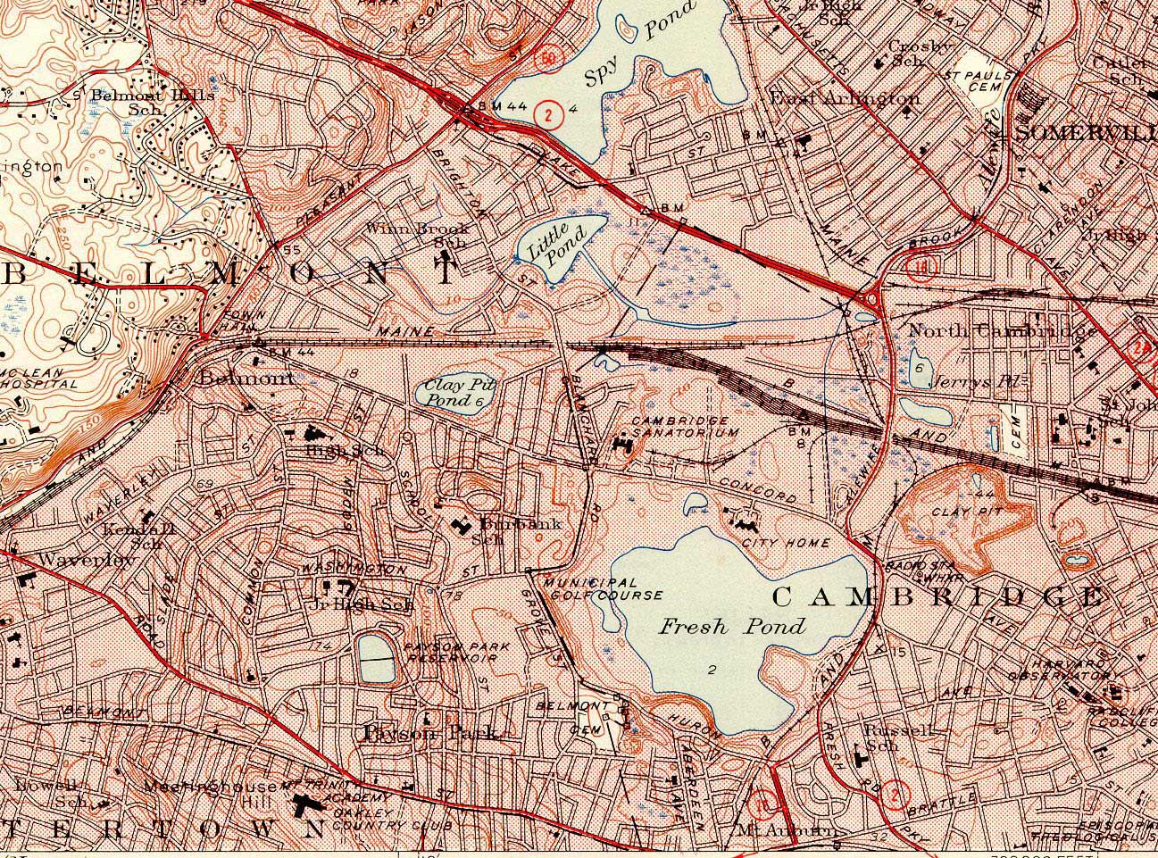small 1946 map: Alewife Brook, Spy Pond, Fresh Pond
